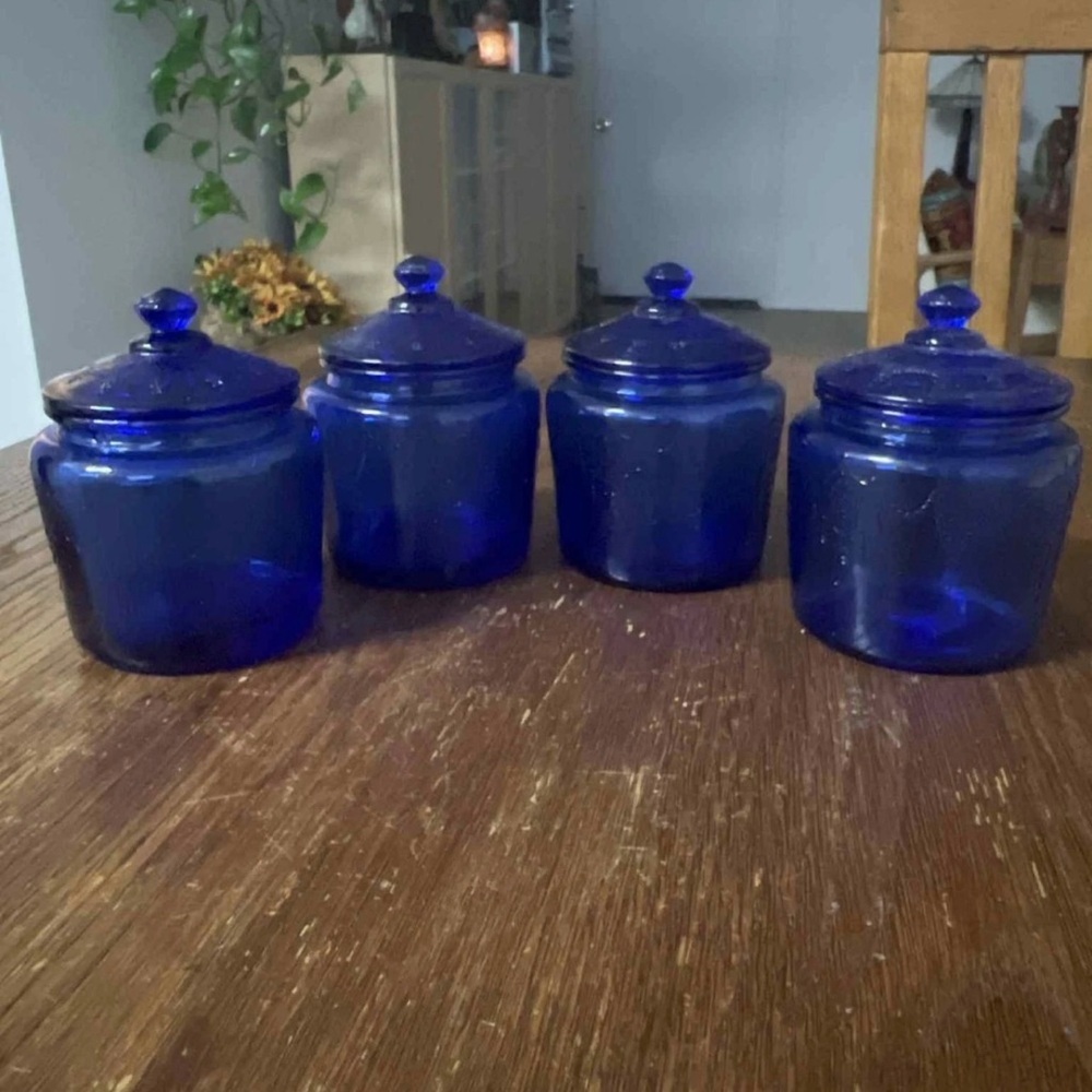 Indiana Glass Cobalt Blue Apothecary Jar Set (4) – Vintage 1960s Colonial Blue